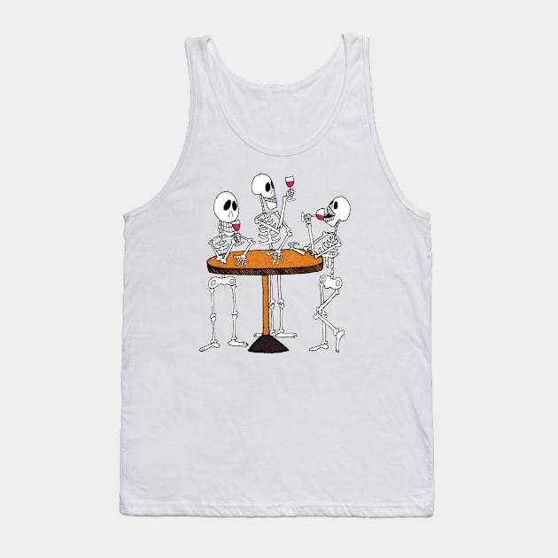 3 Skeletons Drinking and Enjoing Wine at a Wine Bar Tank Top by Kathy Braceland Art